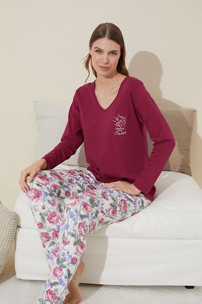 Siyah İnci Set pijamale din bumbac brodat roșu Claret - 24240104