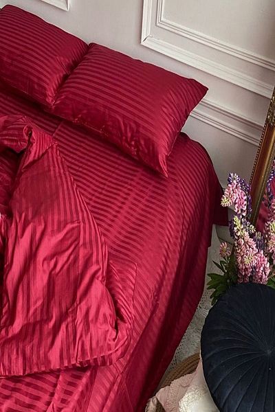 Tekstil Home 5 Star Luxury Hotel Type King Size Striped Satin Duvet Cover Set 180x200 Fitted Sheet Burgundy Red