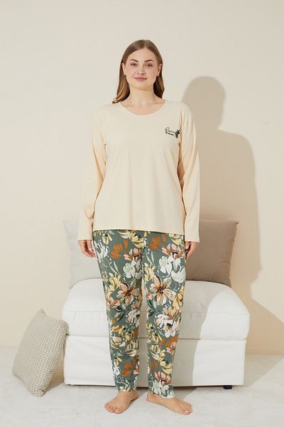 Siyah İnci Plus Size Cream Embroidered Cotton Curve Pajama Set - 24240631