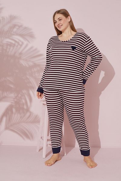 Siyah İnci Plus Size Striped Cotton Curve Pajamas Set - 24240715