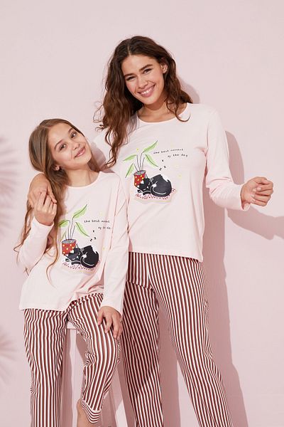 Siyah İnci Cotton Salmon Printed Pajama Set - 24241073