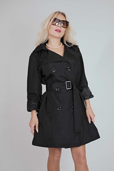 Kosta Moda Klasik Kadın Trençkot Kaban Pardesü Duğmeli Kemerlı Kısa Dökümlü Kuşaklı