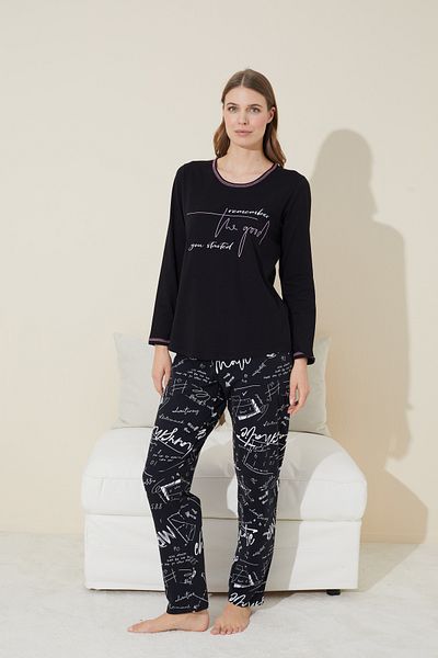 Siyah İnci Set pijamale tricotate negru din bumbac - 24240134
