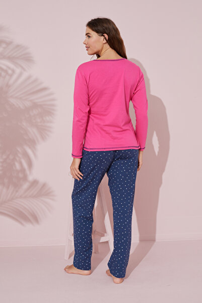 Siyah İnci fuşya baskılı Pamuklu Örme Pijama Takım 24241065