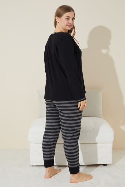 Siyah İnci siyah baskılı Pamuklu Curve Büyük Beden Battal Boy Örme Pijama Takım 24240674