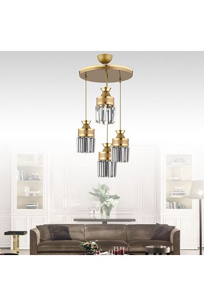 Kraliçe Yellow Striped Crystal Stone 4-Piece Cylinder Luxury Chandelier Set