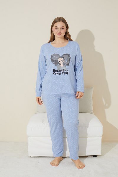 Siyah İnci Set de pijamale din bumbac cu imprimeu albastru de marimi mari - 24240667