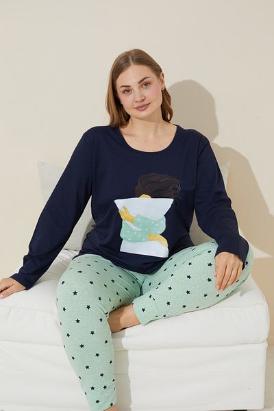 Siyah İnci Plus Size Navy Blue Curve Cotton Pajama Set - 24240637
