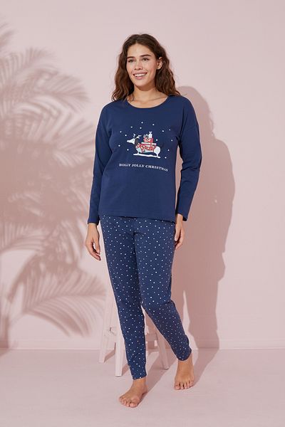 Siyah İnci Cotton Navy Blue Knitted Pajama Set - 24240160