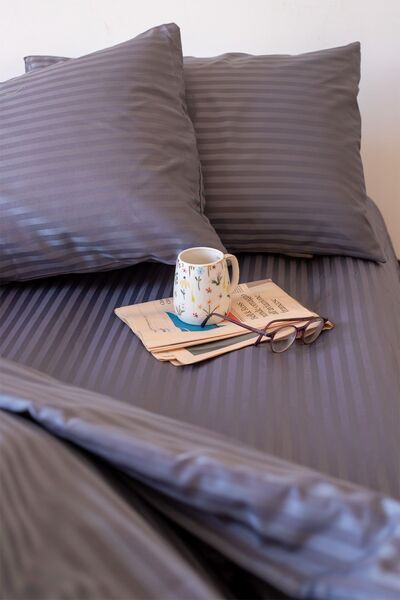 Tekstil Home 5 Star Luxury Hotel Type Double Elastic Striped Cotton Satin Duvet Cover Set Anthracite Color