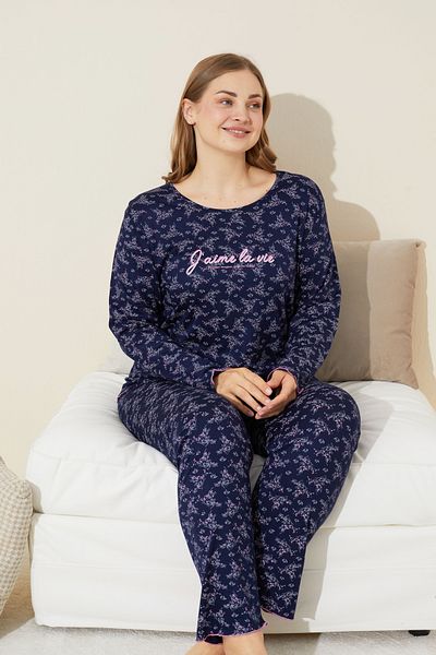 Siyah İnci Plus Size Navy Blue Floral Patterned Cotton Curve Pajamas Set - 24240652