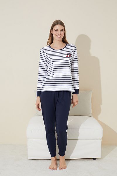 Siyah İnci Navy Blue and White Stripe Pattern Embroidered Cotton Knitted Pajama Set 24240085