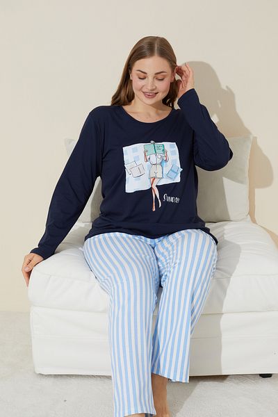 Siyah İnci Plus Size Navy Blue Printed Cotton Curve Pajamas Set - 24240639