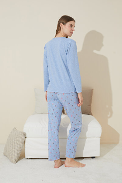 Siyah İnci Set pijamale tricotate cu imprimeu albastru din bumbac - 24240124