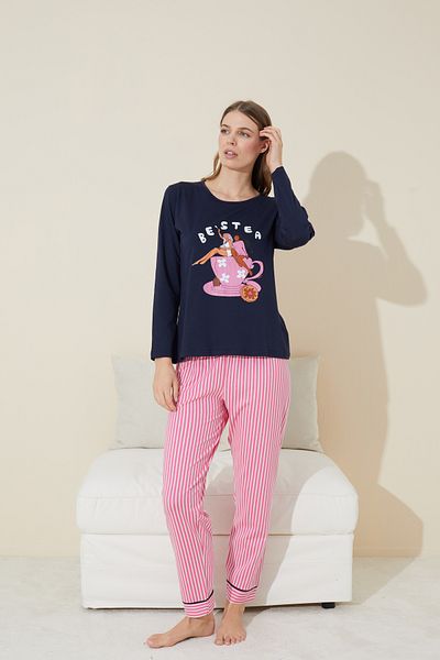 Siyah İnci Cotton Knitted Navy Blue Pajama Set - 24240132
