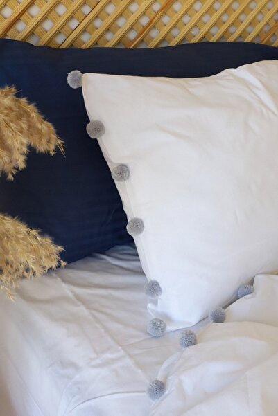 Tekstil Home Hotel Series Gray Pompom 100% Cotton Luxury Double White Duvet Cover Set