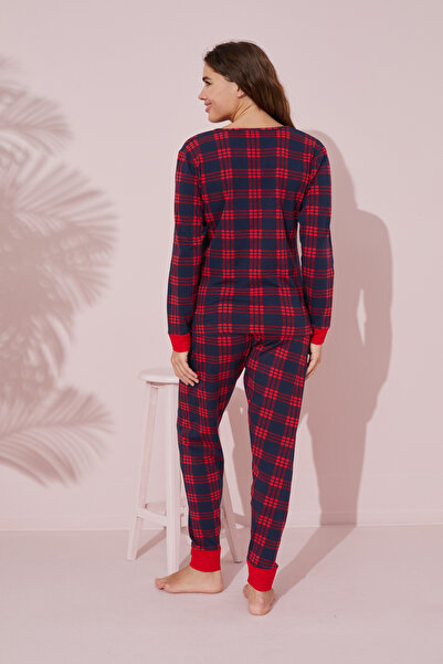 Siyah İnci kırmızı baskılı Pamuklu Örme Pijama Takım 24241115