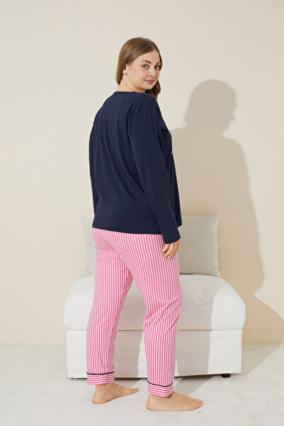 Siyah İnci lacivert baskılı Pamuklu Curve Büyük Beden Battal Boy Örme Pijama Takım 24240663