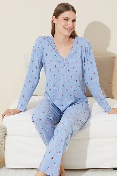 Siyah İnci Set de pijamale din bumbac albastru cu modele florale - 24240117