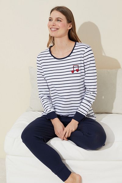 Siyah İnci Navy Blue and White Stripe Pattern Embroidered Cotton Knitted Pajama Set 24240085