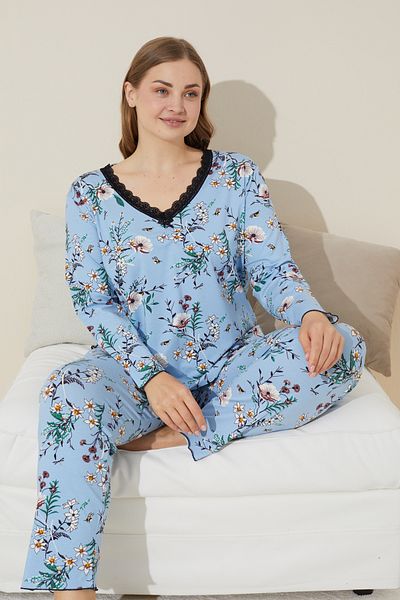 Siyah İnci Set de pijamale curbate din bumbac cu model de flori albastre de marime plus - 24240622