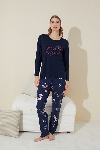 Siyah İnci Cotton Navy Blue Printed Knitted Pajamas Set - 24240090