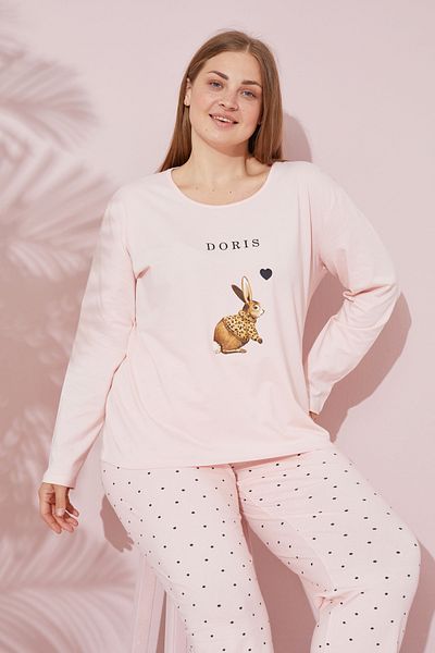 Siyah İnci Σετ Πιτζάμες Πλεκτό Oversize King Size - Salmon Printed, Cotton Curve 24240690