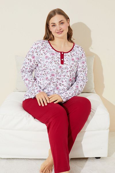 Siyah İnci Set de pijamale curbate din bumbac cu imprimeu floral alb de marime plus - cu nasturi, supradimensionat 24240657