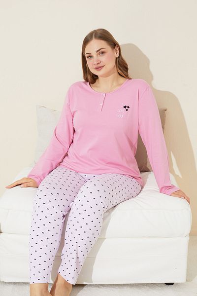 Siyah İnci Ροζ Κεντημένο με Κουμπιά Βαμβακερό Curve Plus Size Oversize Πλεκτό Σετ Πιτζάμες 24240636