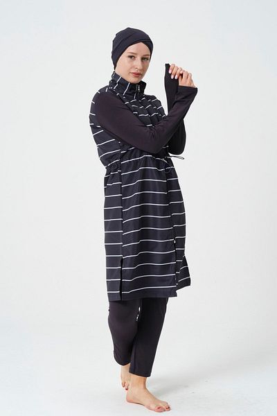 myfirstsea Women's Striped Full Hijab Swimsuit with Tights Boneli 3 Piece Set Full Hijab Swimsuit