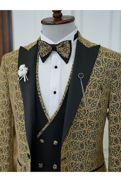 LONATOLİA Men's Tuxedo Groom Suit Jacquard Swallow Collar Italian Cut Slim Fit Jacket Vest Pants Bow Tie