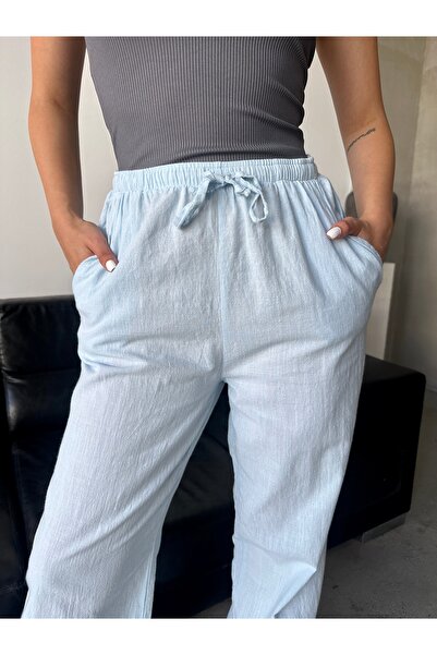 Somut istanbul Λινό παντελόνι Palazzo με κορδόνια και τσέπες - Φαρδιά εφαρμογή