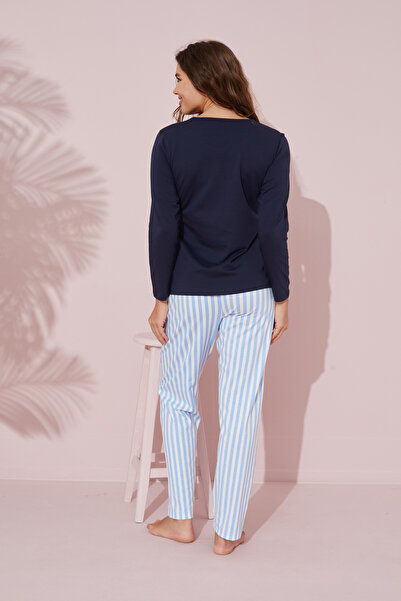 Siyah İnci lacivert baskılı Pamuklu Örme Pijama Takım 24241092