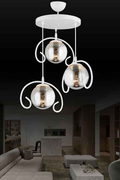 Genel Markalar Üçlü Beyaz Sarkıt Tepsi, Kelebek Detaylı, Füme Top Camlı, Şık Avize