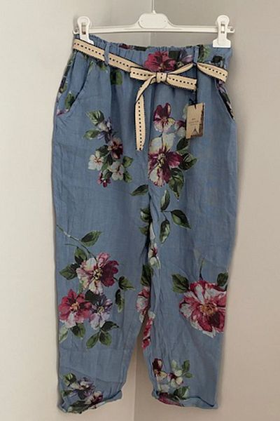 AYASOFYA OTANTIK Women's Indigo Blue Italian Elastic Waist Belt Detailed Flower Pattern Carrot Linen Trousers