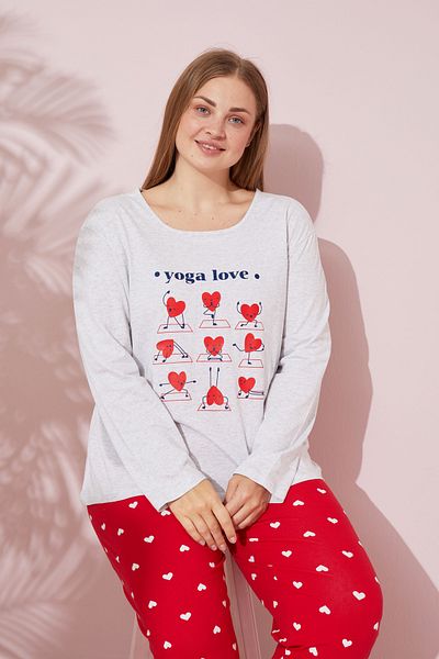 Siyah İnci Large Size Gray Printed Cotton Knitted Pajamas Set - King Size 24240702