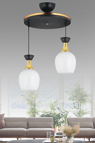 Genel Markalar Sarkıt Tepsi 2'li Siyah Fanus Beyaz Camlı Sarı Lüks Modern Avize