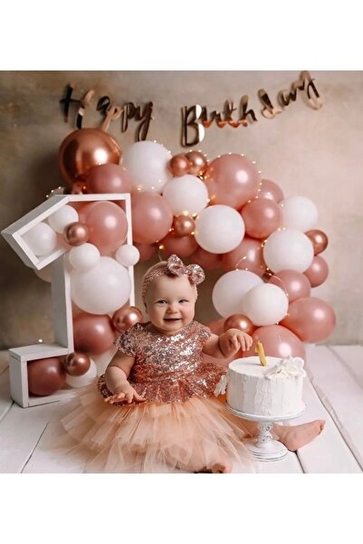 Deniz Party Store Metalik Rose Gold Pastel Beyaz Krom Peri Ledli Happy Bırthday Kaligrafi Mini Zincir Balon Set