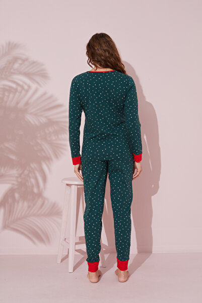 Siyah İnci yeşil baskılı Pamuklu Örme Pijama Takım 24240164