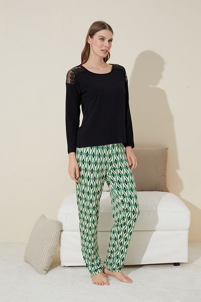 Siyah İnci Set pijama neagră cu dantelă din bumbac - 24240112