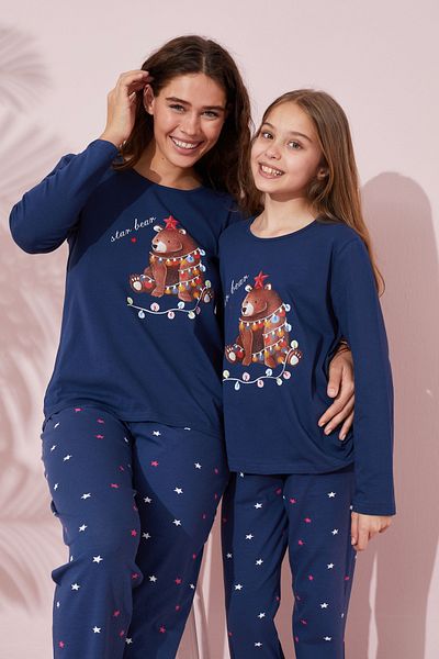 Siyah İnci Cotton Navy Blue Knitted Pajama Set - 24241108
