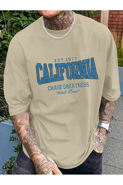 NO 601 Ανδρικό μπλουζάκι μπεζ Est1977 California Print Oversize