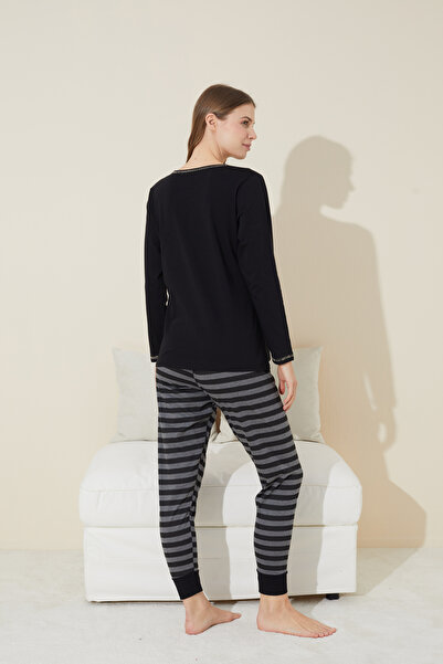 Siyah İnci Cotton Black Knitted Pajama Set - 24240131