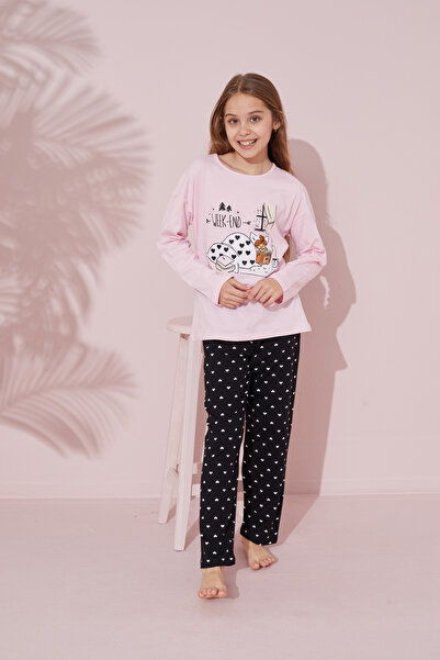 Siyah İnci pembe baskılı Pamuklu Örme Pijama Takım 24241101