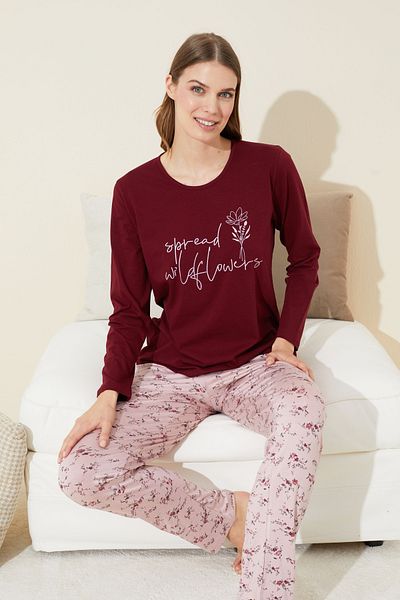 Siyah İnci Set pijamale tricotate din bumbac roșu Claret - 24240115