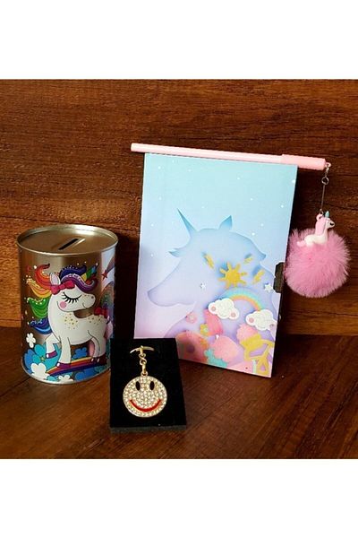 ÇİLEKHOME Unicorn Locked Souvenir and Diary Notebook Unicorn Plush Pen Piggy Bank-Stone Keychain.