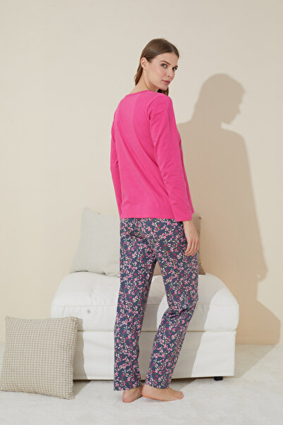 Siyah İnci fuşya Baskılı Pamuklu Örme Pijama Takım 24240091