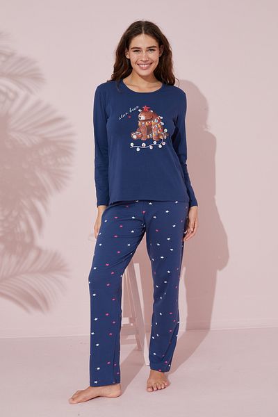 Siyah İnci Cotton Navy Blue Knitted Pajama Set - 24241108