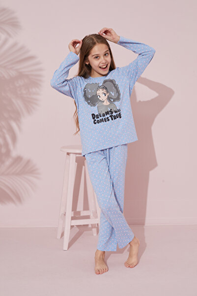 Siyah İnci комплект бавовняної трикотажної піжами з принтом синього кольору 24241084