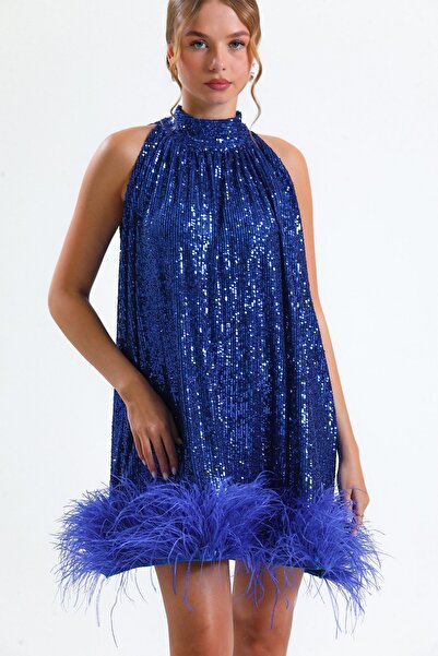 Tangül&Ali'S Moda Evi Mavi Payetli Tüylü Elbise